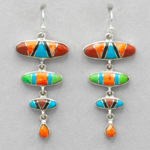 Three Teared Earrings of Inlay Turquoise, Spiny Oyster by Ed Lohman